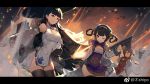  3girls ;o aircraft airplane azur_lane black_hair black_legwear breasts brown_hair china_dress chinese_clothes cleavage cleavage_cutout covered_navel cowboy_shot detached_sleeves dress fingerless_gloves gloves hair_rings kishiyo large_breasts long_hair machinery multiple_girls ning_hai_(azur_lane) one_eye_closed oriental_umbrella outdoors pelvic_curtain ping_hai_(azur_lane) purple_dress red_dress red_eyes short_dress side_slit small_breasts thigh-highs torn_clothes twintails umbrella very_long_hair weibo_username white_dress white_gloves wide_sleeves 