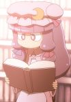  1girl bangs blunt_bangs book bookshelf commentary cowboy_shot crescent crescent_hair_ornament hair_ornament hat indoors long_hair long_sleeves mob_cap open_book patchouli_knowledge purple_hair reading shirosato solo touhou violet_eyes wide_sleeves 