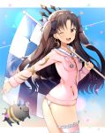 1girl ;d absurdres aozora_nan ass bangs breasts brown_eyes earrings eyebrows_visible_through_hair fate/grand_order fate_(series) highres holding_flag hood hoodie hoop_earrings ishtar_(fate/grand_order) jewelry leg_garter legs legs_together one_eye_closed open_mouth parted_bangs pig small_breasts smile solo swimsuit thighs tohsaka_rin two_side_up white_swimsuit