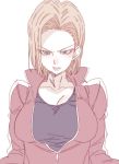  1girl android_18 blonde_hair blue_eyes blue_shirt blush breasts commentary_request dragon_ball dragonball_z earrings female high_collar jacket large_breasts long_sleeves looking_at_viewer medium_hair pale_color parted_lips red_jacket shirt simple_background solo tasaka_shinnosuke unzipped upper_body white_background zipper 