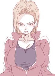  1girl android_18 blonde_hair blue_eyes blue_shirt blush breasts commentary_request dragon_ball dragonball_z earrings female high_collar jacket large_breasts long_sleeves looking_at_viewer medium_hair pale_color parted_lips red_jacket shirt simple_background solo tasaka_shinnosuke unzipped upper_body white_background zipper 