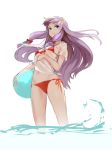 1girl absurdres ball beachball bikini blue_bow blue_eyes bow breasts crescent crescent_hair_ornament floating_hair front-tie_top hair_bow hair_ornament highres homo_1121 large_breasts long_hair micro_bikini patchouli_knowledge purple_hair red_bikini red_bow see-through shirt side-tie_bikini sidelocks simple_background smile solo standing swimsuit tied_shirt touhou under_boob wading water white_background white_shirt 