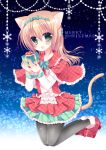  1girl :o animal_ears bangs black_legwear blonde_hair bow box capelet cat_ears cat_girl cat_tail christmas commentary_request eyebrows_visible_through_hair frilled_capelet frilled_shirt frilled_skirt frills full_body fur_trim gift gift_box green_bow green_eyes green_ribbon green_skirt hair_between_eyes hair_bow hair_ribbon holding holding_gift kneeling long_hair looking_at_viewer merry_christmas open_mouth original pantyhose plaid plaid_capelet plaid_shirt red_capelet red_shirt red_shoes ribbon shikito shirt shoes sidelocks skirt solo tail tareme 
