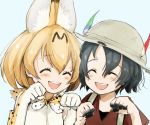  2girls :d animal_ears aqua_background backpack bag black_hair blonde_hair blush bow bowtie bucket_hat closed_eyes closed_mouth commentary_request dirty elbow_gloves eyebrows_visible_through_hair gloves hair_between_eyes hat hat_feather highres kaban_(kemono_friends) kemono_friends multiple_girls open_mouth paw_pose red_shirt sako_(user_ndpz5754) serval_(kemono_friends) serval_ears serval_print shirt short_hair simple_background smile white_shirt 
