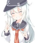  1girl ^_^ ^o^ black_hat black_sailor_collar closed_eyes double_v flat_cap hair_between_eyes hat hibiki_(kantai_collection) kantai_collection long_hair long_sleeves neckerchief open_mouth rateratte red_neckerchief sailor_collar school_uniform serafuku silver_hair simple_background smile solo v white_background 