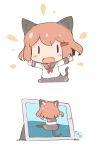  1girl animal_ears blue_skirt blush_stickers brown_hair cat_ears cat_tail chibi comic commentary_request fake_animal_ears fang hair_ornament hairclip hanomido highres ikazuchi_(kantai_collection) ipad kantai_collection long_sleeves minigirl open_mouth school_uniform serafuku short_hair simple_background skirt solid_eyes tablet_pc tail tape white_background |_| 