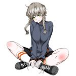  1girl :3 amane_suzuha bike_shorts braid breasts brown_hair converse cross-laced_footwear fetishist green_eyes indian_style jacket long_sleeves looking_at_viewer medium_breasts shoes short_hair simple_background sitting smile sneakers socks solo steins;gate turtleneck twin_braids white_background 