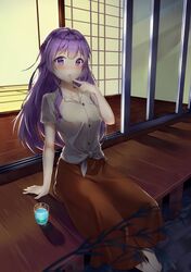  1girl barefoot blush brown_skirt drink girlish_number glass highres long_hair mourir night outdoors pointing pointing_at_self purple_hair shibasaki_kazuha sitting skirt sliding_doors solo tatami violet_eyes 