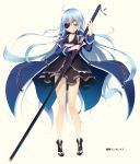  1girl absurdres aqua_eyes aqua_hair copyright_request dress eyepatch highres long_coat long_hair looking_at_viewer shokuyou_mogura simple_background solo standing sword weapon 