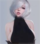  1girl artist_name artstation_username bare_shoulders black_dress black_hairband blue_eyes breasts detached_sleeves dress hair_over_one_eye hairband large_breasts looking_at_viewer mole mole_under_mouth nier_(series) nier_automata parted_lips portrait ruoxin_zhang sideboob solo white_hair yorha_no._2_type_b 