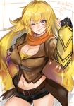  1girl ;d artist_name belt breasts cleavage fingerless_gloves gauntlets gloves highres isshiki_(ffmania7) large_breasts long_hair looking_at_viewer navel one_eye_closed open_mouth orange_scarf rwby scarf shorts simple_background smile solo teeth white_background yang_xiao_long 