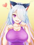  1girl animal_ears bare_shoulders blush breasts cat_ears cleavage collarbone commentary_request dated eyebrows_visible_through_hair eyelashes fake_animal_ears fangs hair_over_one_eye hands_up heart highres large_breasts long_hair looking_at_viewer open_mouth original paw_pose purple_shirt shirt signature silver_hair simple_background sleeveless sleeveless_shirt smile solo upper_body violet_eyes yellow_background zuizhong 