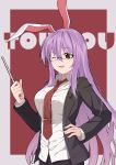  1girl animal_ears bao_nuan bespectacled black-framed_eyewear blazer copyright_name eyebrows_visible_through_hair glasses hand_on_hip highres jacket long_hair necktie one_eye_closed purple_hair rabbit_ears red_background red_eyes red_necktie reisen_udongein_inaba smile solo touhou 