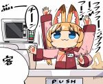  1girl :3 afterimage animal_ears bag bangs blue_eyes blunt_bangs blush_stickers closed_mouth commentary_request counter eyebrows_visible_through_hair fox_ears hair_ornament hairclip kanikama kemomimi_vr_channel lowres microwave nekomasu_(kemomimi_vr_channel) orange_hair smile solo translation_request twintails 