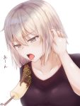  &gt;:o 1girl :o black_shirt blush breasts chocolate_banana collarbone fate/grand_order fate_(series) grey_eyes highres jeanne_alter large_breasts open_mouth pale_skin ramchi ruler_(fate/apocrypha) sexually_suggestive shirt short_hair silver_hair solo t-shirt upper_body 