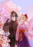  1boy 1girl absurdres adjusting_clothes adjusting_hat ahoge akamatsu_kaede black_hair blonde_hair blue_sky bow brown_cape brown_eyes brown_hat brown_jacket brown_pants cherry_blossoms dangan_ronpa day hair_bow hair_ornament hairclip hat highres looking_at_another medium_hair new_dangan_ronpa_v3 outdoors pants pink_eyes red_bow saihara_shuuichi sky sqbillfish standing 