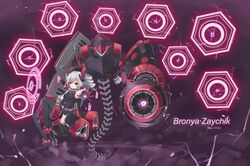  1girl absurdres aiming_at_viewer bare_shoulders benghuai_xueyuan black_legwear black_leotard bronya_zaychik cannon character_name drill_hair full_body headgear hexagon highres honkai_impact leotard long_hair mecha neps-l outstretched_arm red_eyes silver_hair sitting solo thigh-highs twin_drills 