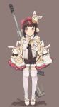  1girl :t absurdres ahokoo bangs barrett_m99 blunt_bangs blush bow brown_background brown_hair closed_mouth coat earmuffs eating food girls_frontline gun hair_bow hands_up highres holding holding_food looking_at_viewer m99_(girls_frontline) rabbit red_bow rifle short_hair sidelocks simple_background sniper_rifle solo striped striped_legwear taiyaki tareme thigh-highs thighs vertical-striped_legwear vertical_stripes wagashi weapon 