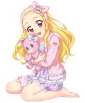  1girl :d aikatsu! bangs_pinned_back bare_legs barefoot blonde_hair blue_dress blush bow dress frilled_dress frills full_body hair_bow hairband highres holding holding_stuffed_animal hoshimiya_ichigo jacket long_hair long_sleeves looking_at_viewer object_hug open_mouth pink_eyes pink_jacket seiza sekina simple_background sitting smile solo stuffed_animal stuffed_toy teddy_bear white_background 