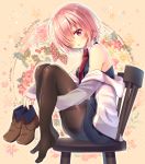  1girl :o ankle_boots black_dress boots boots_removed brown_footwear dress fate/grand_order fate_(series) feet floral_background full_body hair_over_one_eye jacket knees_on_chest knees_up long_sleeves looking_at_viewer necktie off_shoulder open_clothes open_jacket open_mouth pantyhose pink_eyes pink_hair polka_dot polka_dot_background red_necktie serino_itsuki shielder_(fate/grand_order) shiny shiny_skin shoes_removed short_dress short_hair sitting sleeveless sleeveless_dress sleeves_past_wrists solo thighband_pantyhose track_jacket unzipped violet_eyes white_jacket 