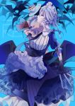  2girls absurdres bat black_gloves blue_eyes braid chocolate_(jitong) cup gloves highres izayoi_sakuya knife looking_to_the_side maid maid_headdress multiple_girls remilia_scarlet saucer silver_hair standing teacup throwing_knife touhou twin_braids white_hair 