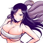  1girl bare_shoulders blush breasts cleavage collarbone grin hand_on_hip highres idolmaster idolmaster_cinderella_girls jacket jacket_over_shoulder kanno_takanori large_breasts long_hair looking_at_viewer monochrome mukai_takumi one_eye_closed sarashi simple_background skindentation smile solo teeth upper_body white_background wind wind_lift 
