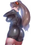  1girl ass black_bodysuit bodysuit breasts brown_eyes brown_hair cowboy_shot from_side gundam gundam_build_fighters gundam_build_fighters_try jack_hamster large_breasts long_hair looking_at_viewer looking_to_the_side profile sazaki_kaoruko simple_background skin_tight solo spandex twintails white_background 