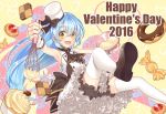  1girl 2016 :d ascot bloomers blue_hair blush bowl brown_footwear checkerboard_cookie child cookie cupcake doughnut english eyebrows_visible_through_hair food hair_between_eyes happy_valentine hat heart high-waist_skirt highres holding loafers long_hair looking_at_viewer matsusatoru_kouji mini_hat mixing_bowl nakanobe_mari number official_art open_mouth outstretched_arm shirt shizuku_no_oto shoes silhouette skirt smile solo thigh-highs underwear valentine very_long_hair whisk white_hat white_legwear white_shirt wrapped_candy wrist_cuffs yellow_background yellow_eyes 