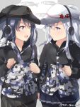  2girls :d akatsuki_(kantai_collection) black_hat black_skirt blue_skirt blush camouflage camouflage_jacket clenched_hand clenched_hands closed_mouth commentary_request cowboy_shot earmuffs eye_contact eyebrows_visible_through_hair fish flat_cap fur_trim hair_between_eyes hammer_and_sickle hat hibiki_(kantai_collection) jacket juurouta kantai_collection long_hair long_sleeves looking_at_another multiple_girls open_mouth pleated_skirt purple_hair remodel_(kantai_collection) silver_hair skirt smile star twitter_username verniy_(kantai_collection) violet_eyes white_hat 