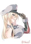  1girl arm_up bangs bismarck_(kantai_collection) black_eyes blonde_hair breasts brown_gloves ebifurya eyebrows_visible_through_hair from_side gloves hand_on_headwear hat highres kantai_collection large_breasts long_hair long_sleeves looking_at_viewer open_mouth peaked_cap profile sidelocks simple_background solo twitter_username upper_body white_background 