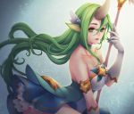  1girl alternate_costume alternate_hair_color alternate_hairstyle armlet ballpoint_pen_(medium) bare_shoulders breasts elbow_gloves gloves green_eyes green_hair highres horn kinnohome league_of_legends long_hair looking_at_viewer magical_girl pointy_ears solo soraka staff standing star_guardian_soraka traditional_media very_long_hair white_gloves 