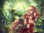  1girl arisa_(shadowverse) arm_support armpits backlighting bare_arms bare_shoulders black_footwear blonde_hair boots breasts closed_mouth day detached_sleeves forest green_eyes leg_up light_particles long_hair long_sleeves looking_at_viewer medium_breasts nature navel open_clothes open_vest outdoors plant pointy_ears red_vest shadowverse smile solo stomach thigh-highs thigh_boots tree under_boob very_long_hair vest waist_cape yahiro_(666131415) 