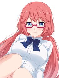  1girl bangs blue_eyes blue_ribbon blush breasts closed_mouth collared_shirt commentary_request dress_shirt eyebrows_visible_through_hair highres large_breasts long_hair long_sleeves looking_at_viewer neck_ribbon pink-framed_eyewear pink_hair ribbon sakura_airi sekina shirt simple_background sitting solo white_background white_shirt youkoso_jitsuryoku_shijou_shugi_no_kyoushitsu_e 