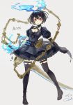  &gt;:| 1girl alice_(sinoalice) belt black_dress black_footwear black_gloves black_hair black_legwear breasts character_name choker closed_mouth commentary dated dress elbow_gloves eyebrows_visible_through_hair frilled_dress frills gloves grey_background hairband halterneck highres huge_weapon looking_at_viewer magic medium_breasts red_eyes sako_(user_ndpz5754) shoes short_hair signature simple_background sinoalice solo standing thigh-highs weapon 