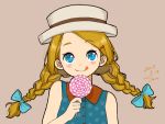  1girl :q aqua_ribbon bare_shoulders blonde_hair blue_shirt blush braid brown_background candy closed_mouth commentary dated eyebrows_visible_through_hair food hair_ribbon hat highres holding_lollipop lollipop long_hair looking_at_viewer polka_dot polka_dot_shirt ribbon sako_(user_ndpz5754) shirt signature simple_background smile solo tongue tongue_out tress_ribbon twin_braids 
