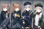  404_(girls_frontline) 4girls armband assault_rifle brown_eyes brown_hair column_lineup cowboy_shot eyebrows_visible_through_hair g11_(girls_frontline) girls_frontline green_eyes gun hair_ornament hairclip hat hk416_(girls_frontline) holding holding_gun holding_weapon jacket long_hair looking_at_viewer multiple_girls one_eye_closed one_side_up open_mouth pantyhose pleated_skirt red_eyes rifle scar scar_across_eye silltare silver_hair sitting skirt standing submachine_gun teardrop tongue tongue_out twintails ump45_(girls_frontline) ump9_(girls_frontline) wavy_mouth weapon yellow_eyes 