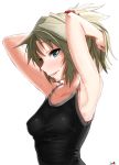  1girl apple_(ygbhjdbiulsg) armpits arms_up blue_eyes breasts brown_hair erect_nipples eyebrows_visible_through_hair fate/apocrypha fate_(series) hair_ornament ponytail saber_of_red simple_background small_breasts smile solo sweat tank_top upper_body white_background 
