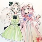  2girls :d :o bangs black_ribbon blue_ribbon blunt_bangs blush book bow capelet commentary_request crescent crescent_moon_pin dress eyebrows_visible_through_hair green_dress green_eyes grey_background grey_hair hair_bow hair_ribbon hairband hand_up hat highres holding holding_book konpaku_youmu konpaku_youmu_(ghost) long_dress long_hair long_sleeves looking_at_viewer multiple_girls neck_ribbon open_book open_mouth parted_lips patchouli_knowledge pillow_hat pink_dress puffy_short_sleeves puffy_sleeves purple_hair red_ribbon ribbon short_hair short_sleeves simple_background smile standing touhou traditional_media tress_ribbon v vanilla_(miotanntann) very_long_hair violet_eyes wide_sleeves 