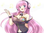  1girl :d bare_shoulders blue_eyes breasts cleavage detached_collar fukumitsu_(kirarirorustar) headphones large_breasts long_hair megurine_luka musical_note navel open_mouth pink_hair smile solo upper_body very_long_hair vocaloid 
