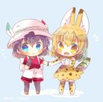  2girls animal_ears backpack bag black_eyes black_gloves black_hair blonde_hair blue_background bow bowtie brown_eyes bucket_hat chibi cross-laced_clothes elbow_gloves full_body fur_collar gloves hair_between_eyes hand_holding hat hat_feather high-waist_skirt kaban_(kemono_friends) kemono_friends kouu_hiyoyo lowres multiple_girls pantyhose red_shirt serval_(kemono_friends) serval_ears serval_print serval_tail shirt short_hair shorts simple_background skirt sleeveless standing striped_tail tail twitter_username wavy_hair white_shorts 