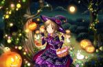  1girl ;) artist_request bag basket brown_hair gift gift_bag halloween hat idolmaster idolmaster_cinderella_girls idolmaster_cinderella_girls_starlight_stage jack-o&#039;-lantern nail_polish official_art one_eye_closed smile takamori_aiko witch_hat 