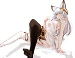  1girl apron bangs black_legwear blue_eyes breasts erun_(granblue_fantasy) frilled_apron frills granblue_fantasy hand_up highres homo_1121 korwa large_breasts long_hair looking_at_viewer mismatched_legwear naked_apron no_bra parted_lips sideboob sidelocks simple_background sitting smile solo thigh-highs white_background white_hair white_legwear 