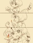  &gt;:o 1girl 3koma :o angry attacking_viewer bangs bare_shoulders bow bowtie comic commentary_request crying d:&lt; elbow_gloves eyebrows_visible_through_hair fire gloves highres kemono_friends looking_at_viewer matches monochrome open_mouth paper_airplane parted_lips serval_(kemono_friends) serval_print shirt short_hair simple_background spot_color striped_tail sweat tears trembling yui_tmnimni 