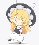 ! 1girl ahoge bloomers blush_stickers chibi commentary eating fishing_hook food hat kirisame_marisa long_hair mary_janes mouth_hold no_pants o_o riza_dxun shoes solo touhou turtleneck underwear vest wavy_hair witch_hat 