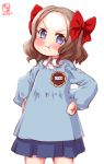 1girl 2017 :t asakaze_(kantai_collection) badge blue_eyes blue_skirt blush bow brown_hair cowboy_shot dated flower hair_bow hands_on_hips highres kanon_(kurogane_knights) kantai_collection kindergarten_uniform logo looking_at_viewer name_tag pout red_bow short_hair simple_background skirt solo sunflower white_background younger 