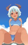  1girl aqua_hair bikini blue_bikini breasts dark_skin groin haseneko highres horns looking_at_viewer medium_breasts midriff navel open_mouth original pink_eyes short_hair sitting smile solo sports_bikini spread_legs swimsuit 