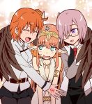  3girls ahoge anger_vein aqua_eyes bare_shoulders blush circe_(fate) closed_eyes command_spell commentary_request fate/grand_order fate_(series) feathered_wings fujimaru_ritsuka_(female) glasses hair_over_one_eye head_wings hug jewelry long_hair looking_at_another mash_kyrielight misao_(kami_no_misoshiru) multiple_girls necklace necktie open_mouth orange_hair pink_hair pointy_ears scrunchie short_hair sweat violet_eyes wing_hug wings 