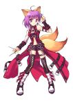  animal_ears belt boots breasts cleavage female fox_(trickster) fox_ears fox_tail glasses knife midriff purple_eyes purple_hair shorts solo tail thigh-highs thighhighs trickster violet_eyes 