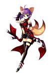  animal_ears belt boots breasts cleavage fox_(trickster) fox_ears fox_tail glasses knife midriff purple_eyes purple_hair shorts simple_background tail thigh-highs thighhighs trickster violet_eyes 
