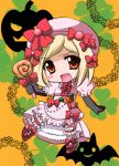  beret blonde_hair blush candy chibi dress fang flower gloves hat lambdadelta lollipop lowres orange_eyes pearl pearls pink_dress pumpikin pumpkin ribbon ribbons short_hair smile swirl_lollipop umineko_no_naku_koro_ni 